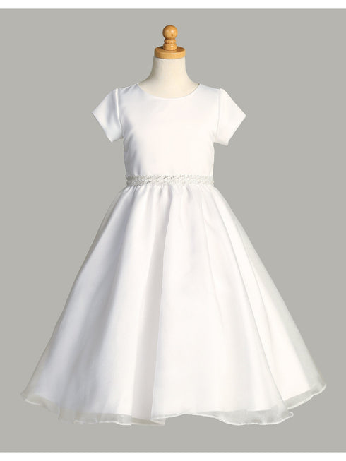 Girls White Short Sleeve Crystal Organza Plus Size Communion Dress 10.5-16.5 - SophiasStyle.com